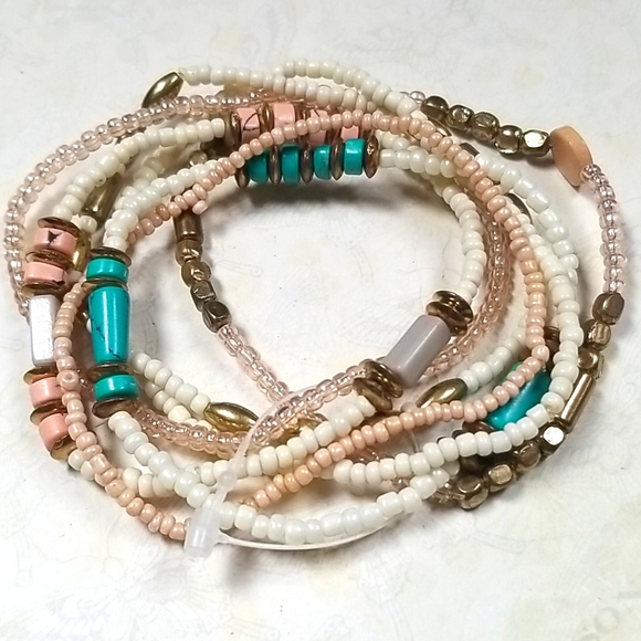 Vintage Boho Turquoise Coral Goldtone Beaded Stackable Stretch Bracelet Set - Picture 14 of 16